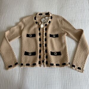 L'AGENCE Tan and Black Knitted Cardigan with Black Trim